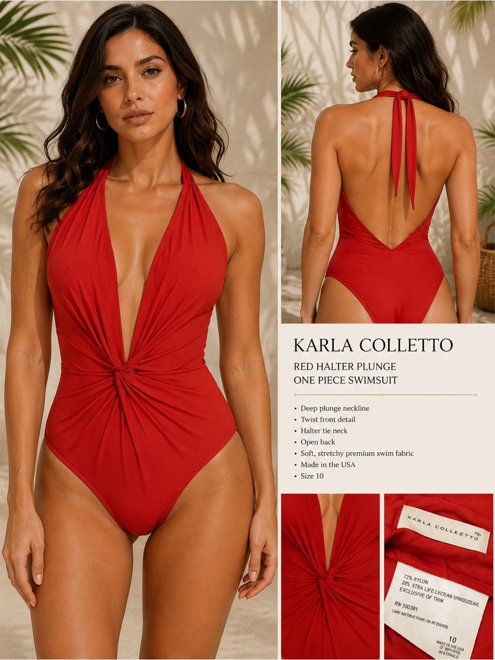 Karla Colletto Red Halter Plunge Twist Front One Piece Swimsuit Size 10